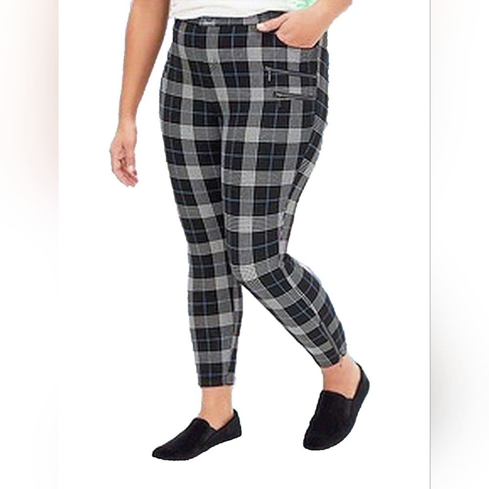 NWT TORRID Size 16 BLACK TEAL PLAID PONTE MULTI ZIP SKINNY ANKLE PANTS POCKET - Picture 3 of 14